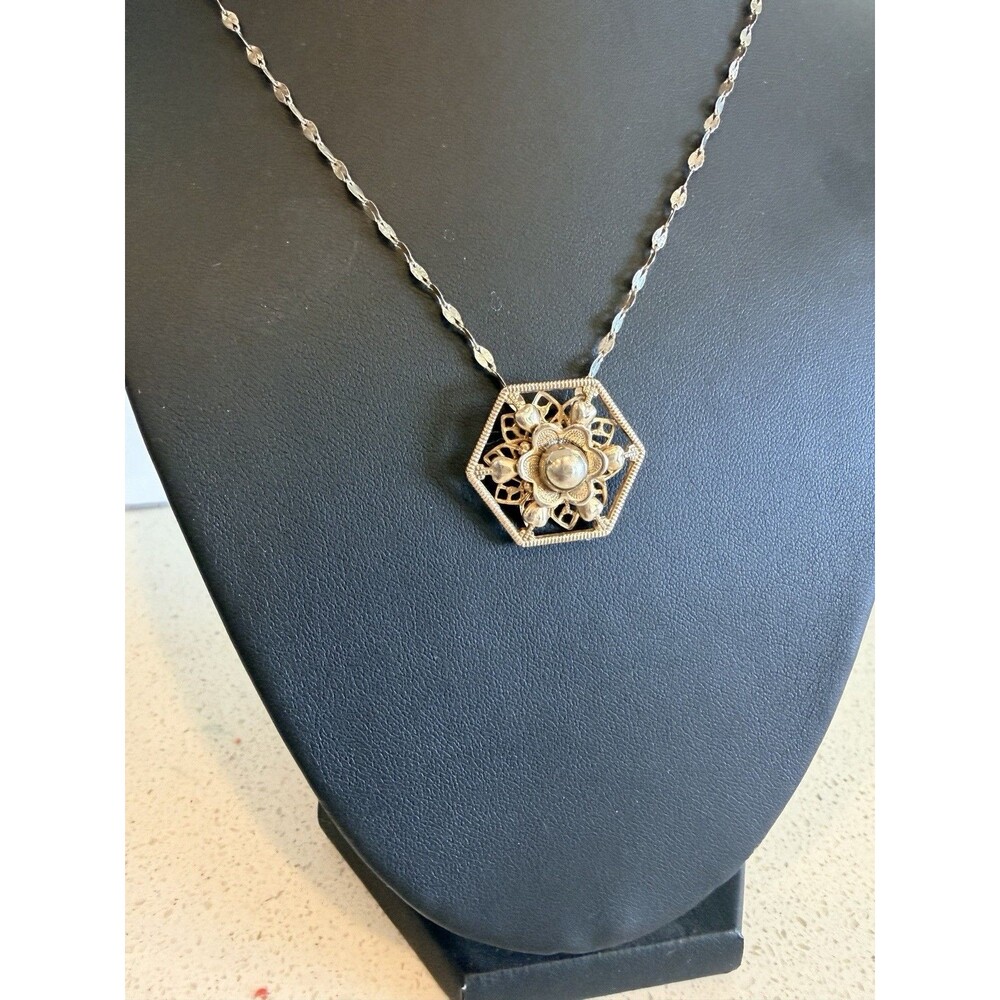 Vintage Sterling Silver Handmade Artisan Style Hexagon Filigree Pendant Necklace - Picture 2 of 8